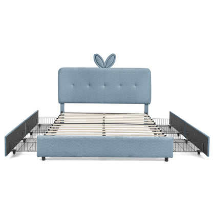 Upholstered Bed With Oversized Rabbit Ear Headboard, LED Lights &amp; 4 Storage Drawers