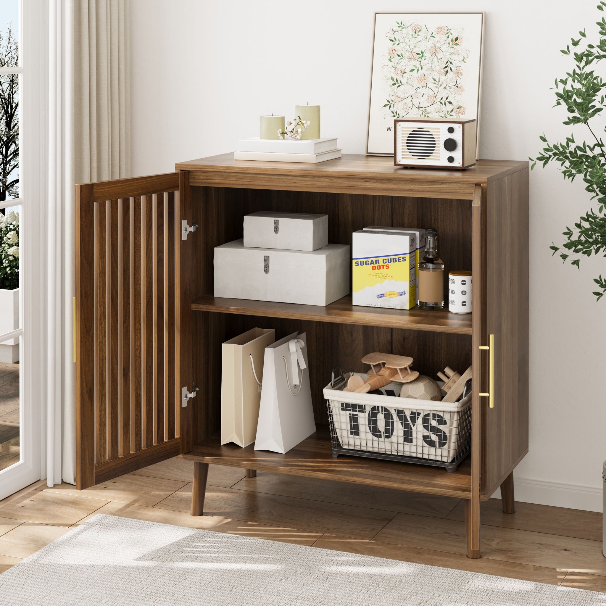 Farmhouse Sideboard Buffet Cabinet With Louvered Doors, Wood Coffee Bar Storage For Kitchen &amp; Living Room - Walnut