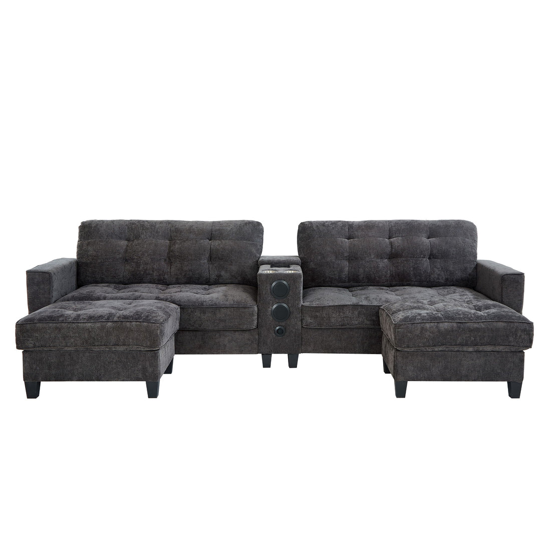 Modern Sectional Sofa U-Shaped With Movable Ottomans, tooth Speakers, LED Lights And Modular Storage