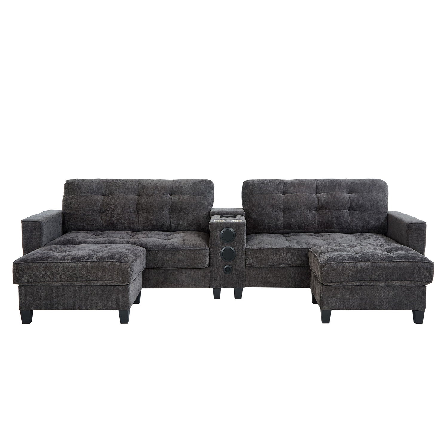 Modern Sectional Sofa U-Shaped With Movable Ottomans, tooth Speakers, LED Lights And Modular Storage