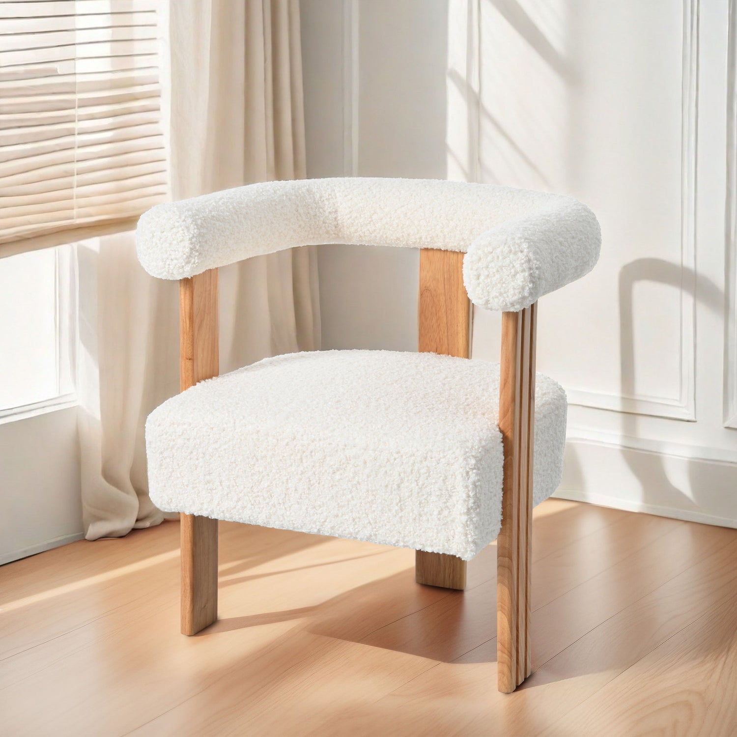 Mid-Century Modern Barrel Accent Chair, Upholstered Kitchen &amp; Dining Room Chairs With Arms, Teddy Velvet Boucle Accent Chairs Side Chairs For Kitchen Living Room Bedroom - White