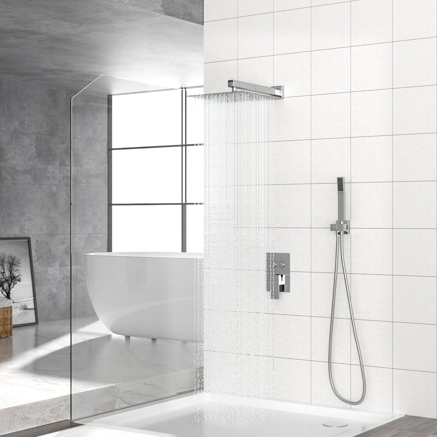 Dual Shower Head System With Square Rain Shower And Rough In Valve