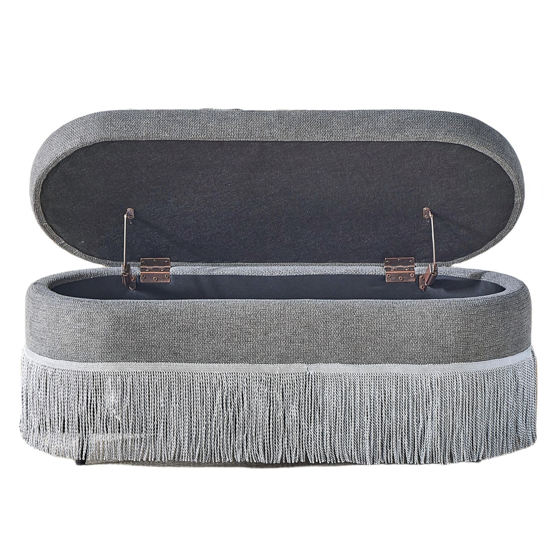 Oval Upholstered Storage Ottoman With Fringe Trim &amp; Lift Top Lid