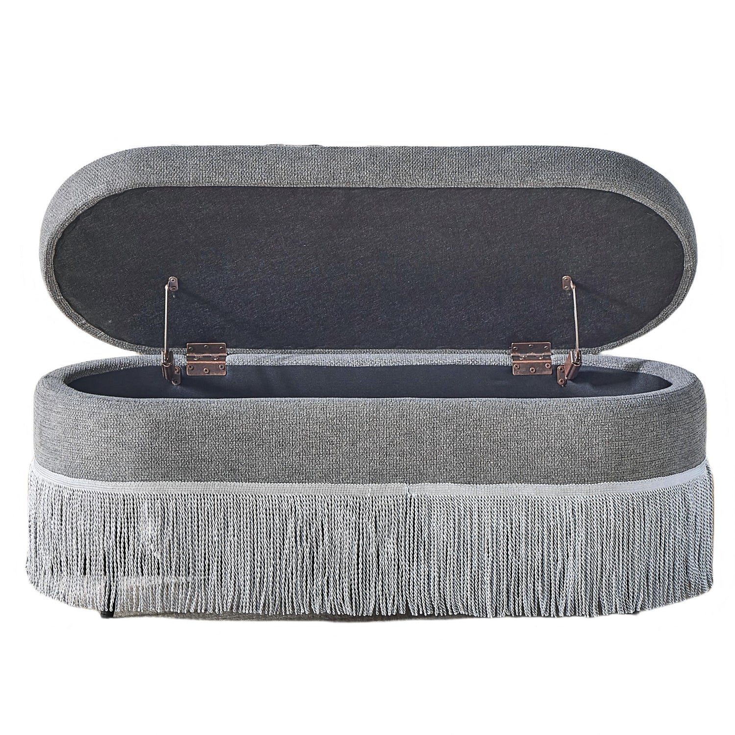 Oval Upholstered Storage Ottoman With Fringe Trim &amp; Lift Top Lid