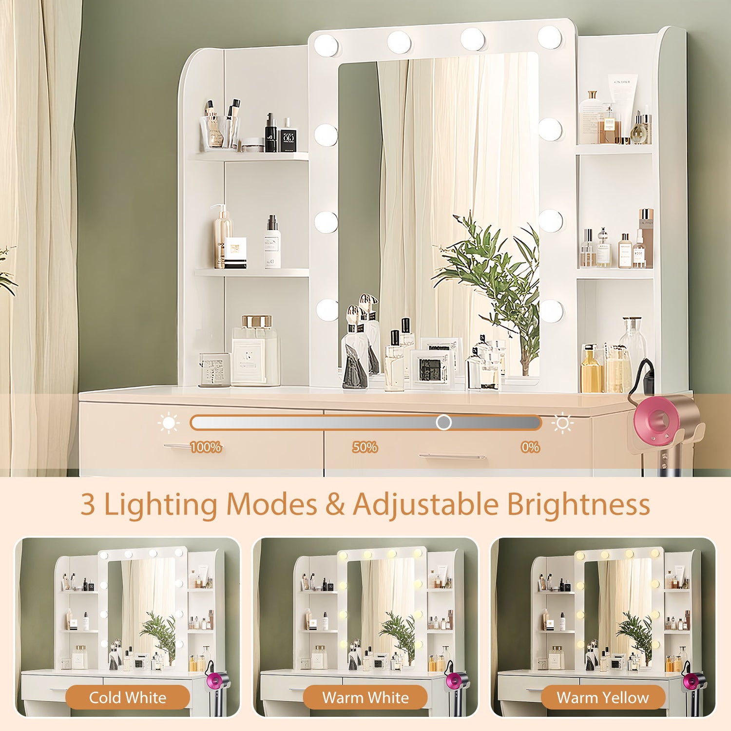 Vanity Desk Set With Mirror &amp; Adjustable Lights Power Outlet And Hair Dryer Rack 2 Drawers And 6 Shelves Includes Cushioned Stool - White