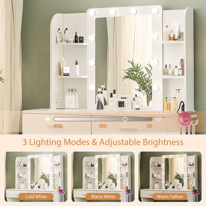 Vanity Desk Set With Mirror &amp; Adjustable Lights Power Outlet And Hair Dryer Rack 2 Drawers And 6 Shelves Includes Cushioned Stool - White