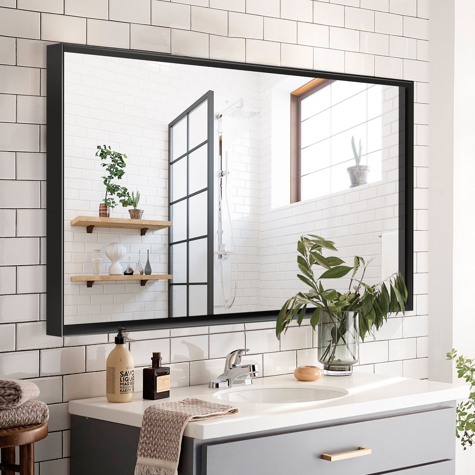 Rectangular Bathroom Mirror Square Angle Metal Frame Wall Mounted Hanging Plates Wall Mount Mirror For Bathroom (Horizontal &amp; Vertical)