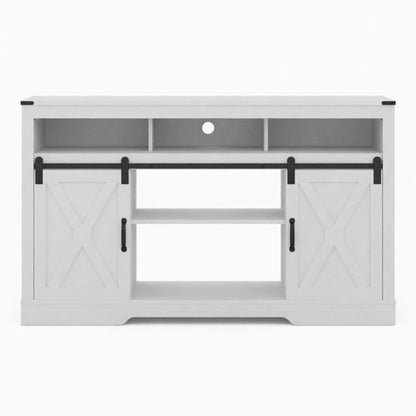 Farmhouse TV Stand With Sliding Barn Doors &amp; Adjustable Storage