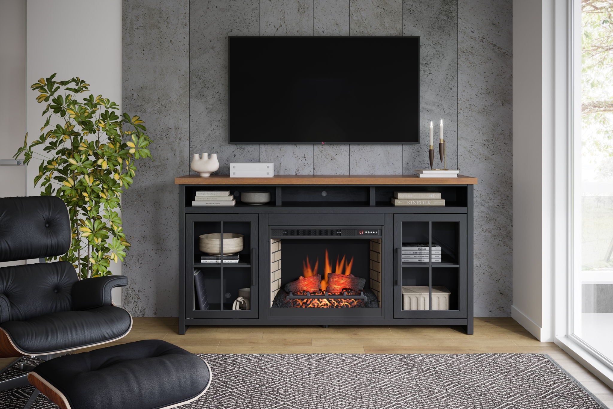 Essex - Fireplace TV Stand Console For TVs Up To 85&quot; - Black, Whiskey