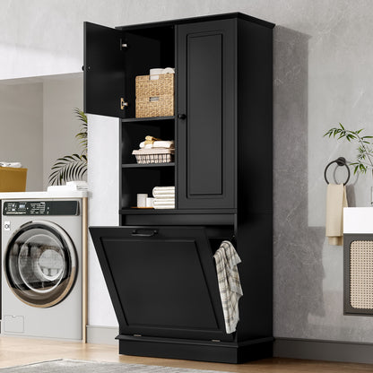 Modern Tall Storage Cabinet With Adjustable Shelves, Flip-Out Basket &amp; Enclosed Doors
