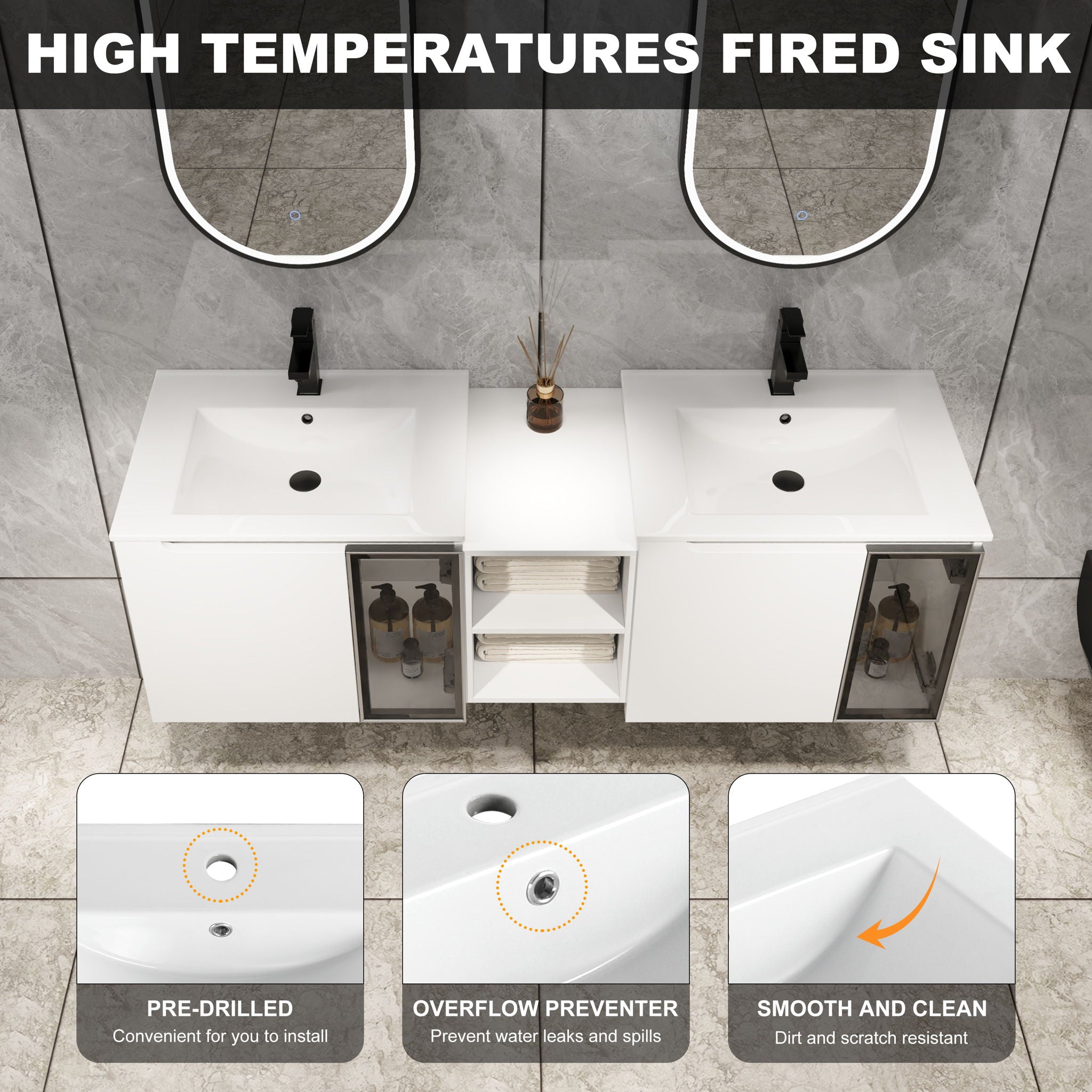 Wall Mounted Bathroom Vanity With Sink, Soft Close Doors, Cabinet &amp; Half Door