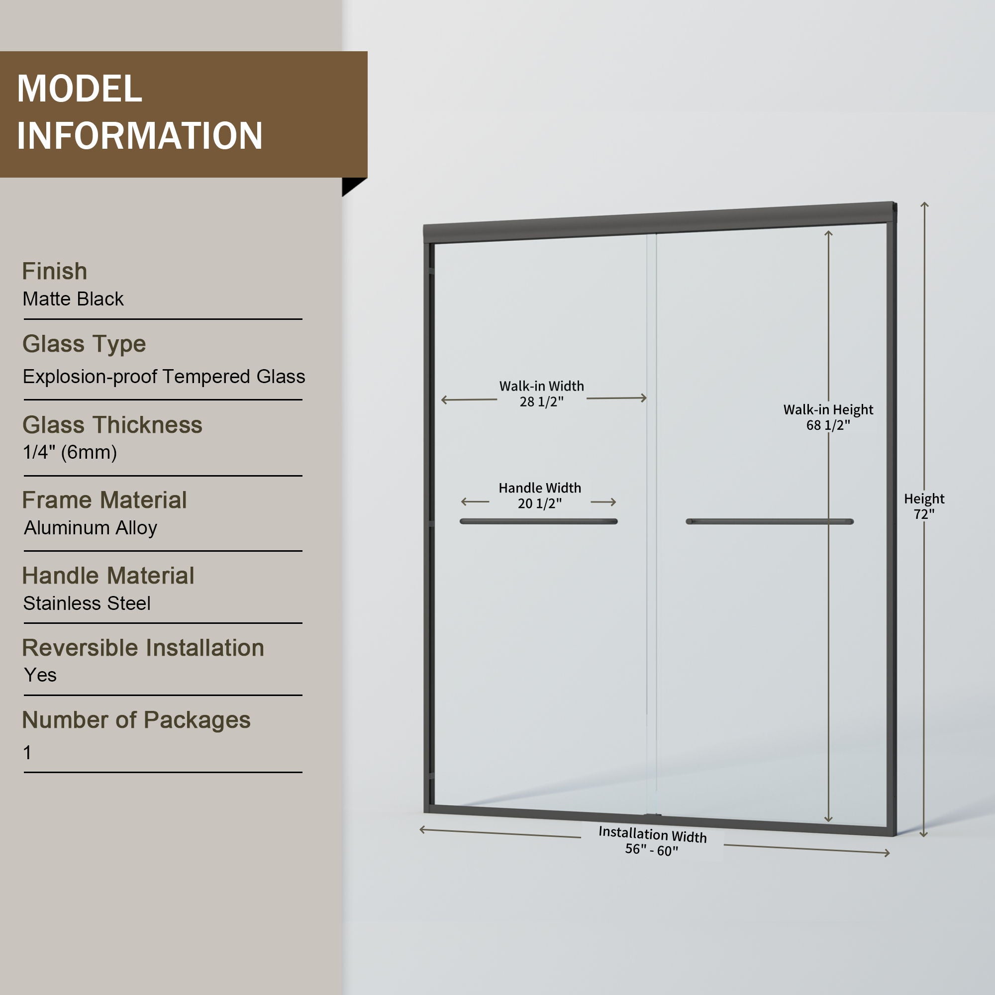 Double Sliding Shower Door, Semi-Frameless Bypass Bathroom Sliding Door With 1/4&quot; (6 Mm) Tempered Glass For Walk-In Shower