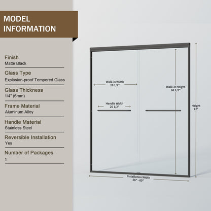 Double Sliding Shower Door, Semi-Frameless Bypass Bathroom Sliding Door With 1/4&quot; (6 Mm) Tempered Glass For Walk-In Shower