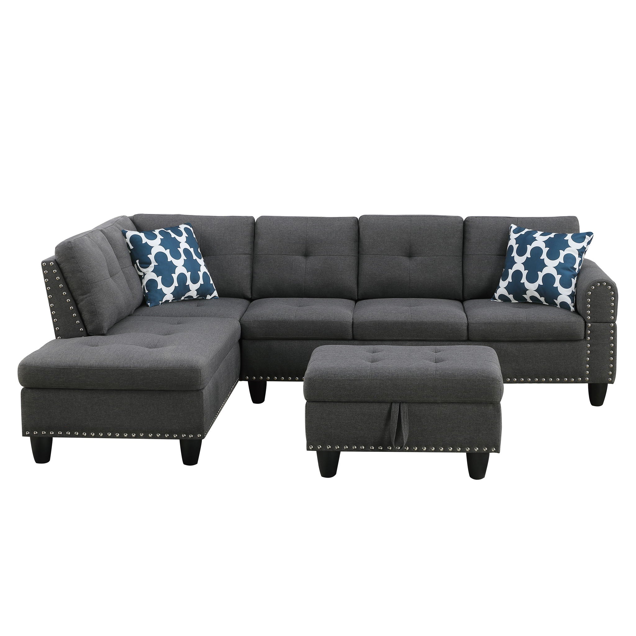 Alger - Left Hand Facing Sofa &amp; Chaise With Ottoman - Dark Gray