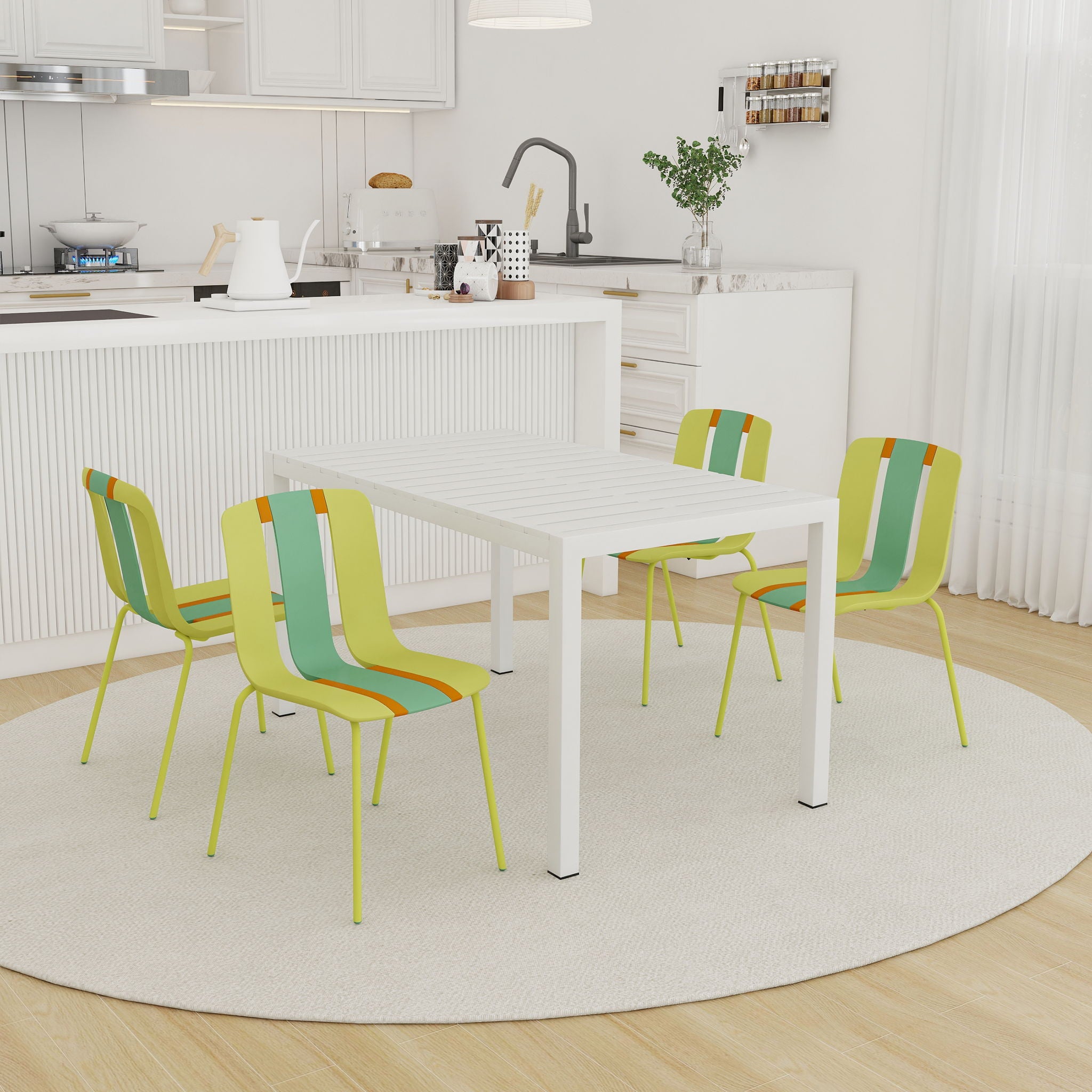 4 Piece Set Of Modern Striped Color- Blocking Single Chairs With Long Table