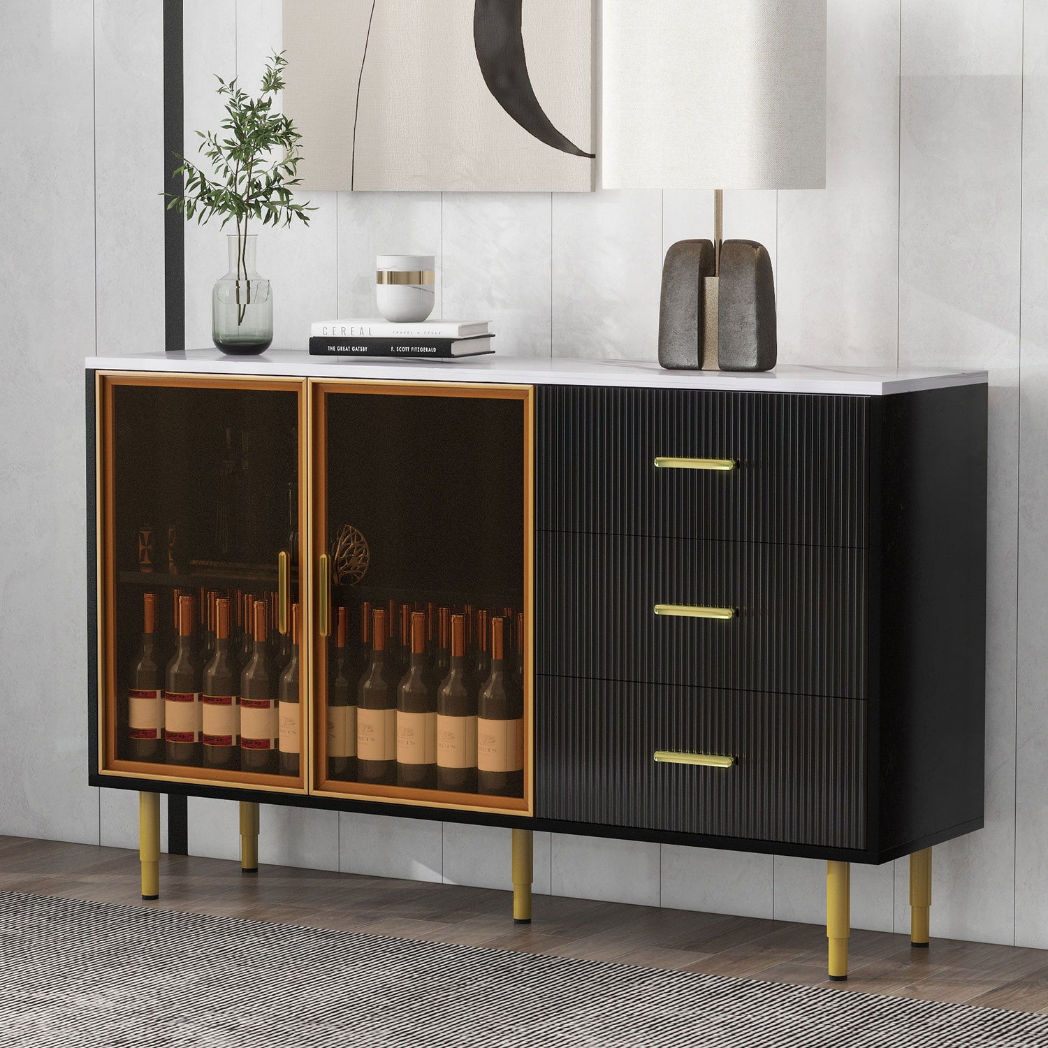 Modern Sideboard Buffet Cabinet Marble Sticker Tabletop And Amber-Yellow Tempered Glass Doors With Gold Metal Legs &amp; Handles