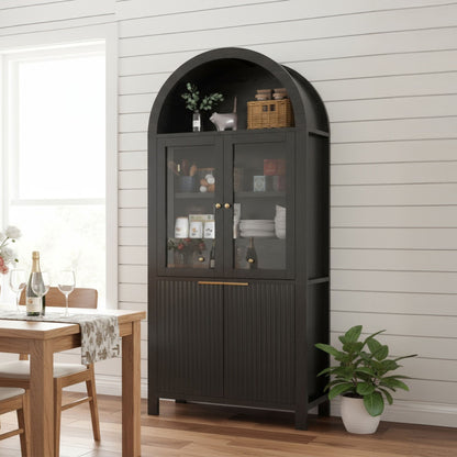 Fluted Tall Arched Pantry Cabinet With Adjustable Shelves, Glass Door &amp; Hidden Drawer For Kitchen