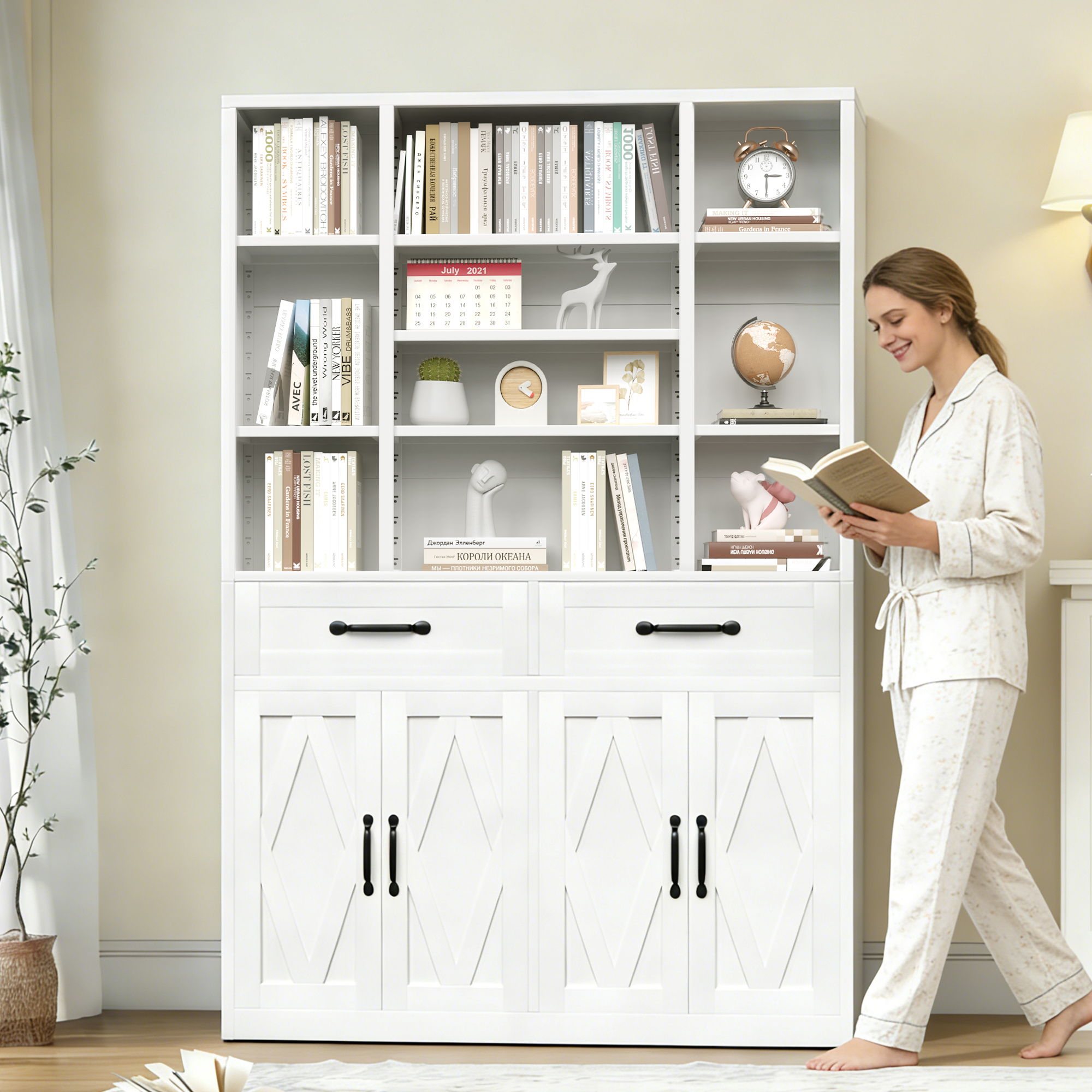 Industrial Bookcase Tall With Adjustable Shelves, Drawers &amp; Doors