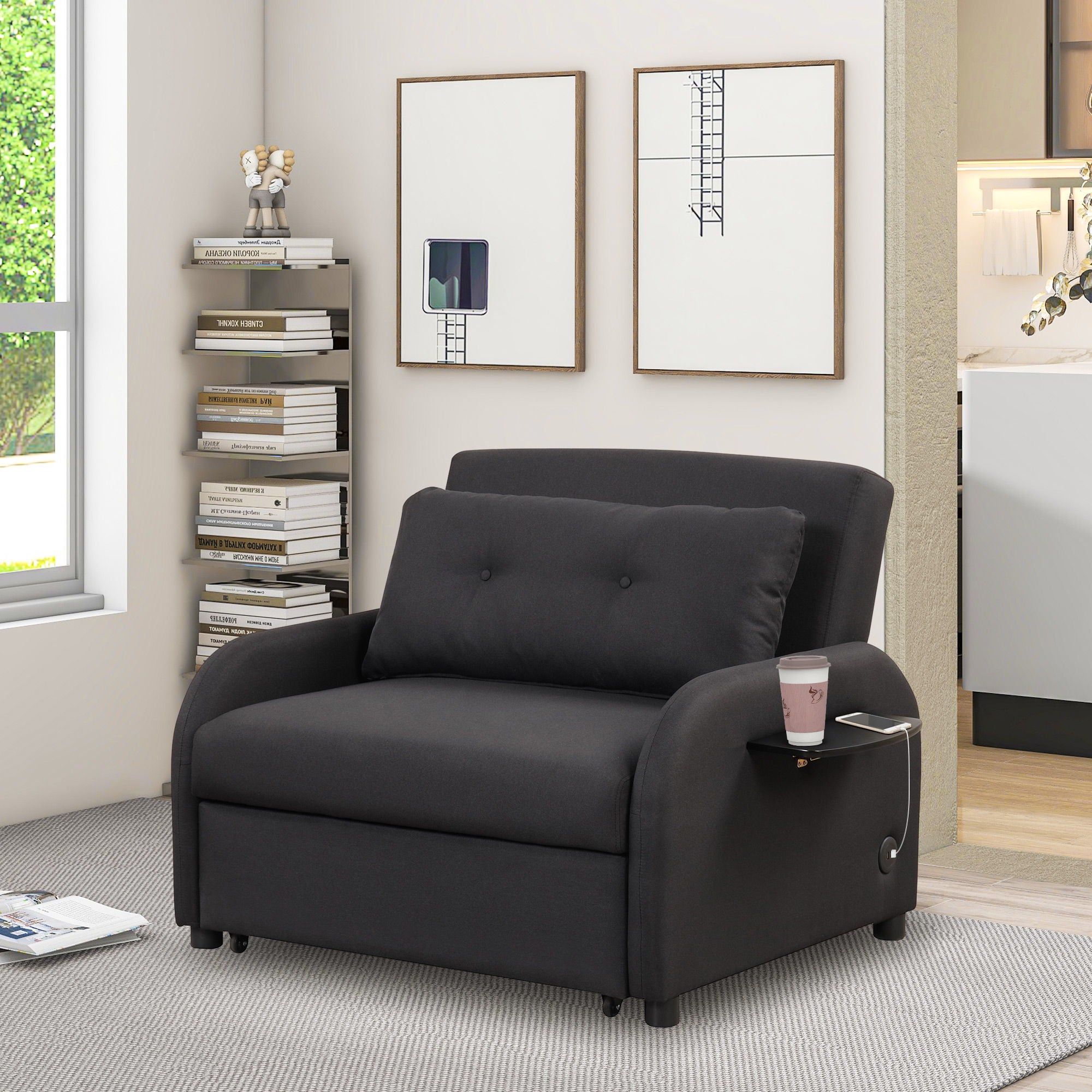 Versatile Pull Out Sofa Sleeper 3 In 1 With Wing Table &amp; USB Charge, Compact Design