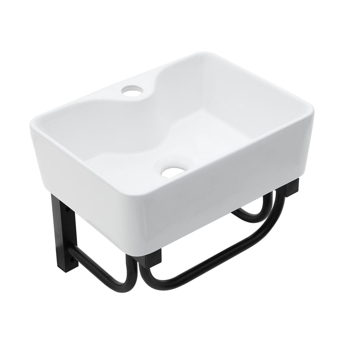 Rectangular Bathroom Sink With Towel Bar &amp; Faucet Hole, Wall Mounted - White