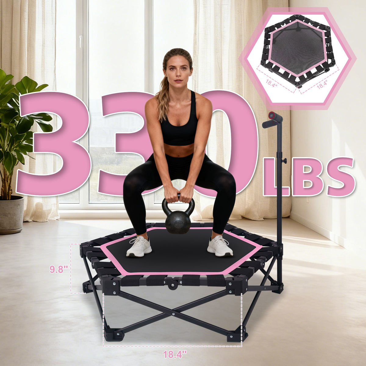 Foldable Mini Trampoline, 1 Step Fold &amp; Open, 3 Level Adjustable T - Bar, Indoor &amp; Outdoor Workout - Black / Pink