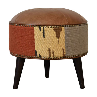 Durrie &amp; Leather Mixed Footstool - Brown