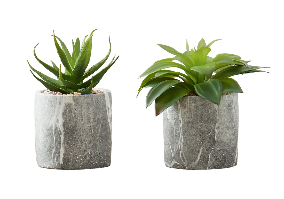 6&quot; Tall, Artificial Plant, Succulent, Indoor, Faux, Fake, Table, Greenery, Potted, Decorative (Set of 2) - Green / Gray