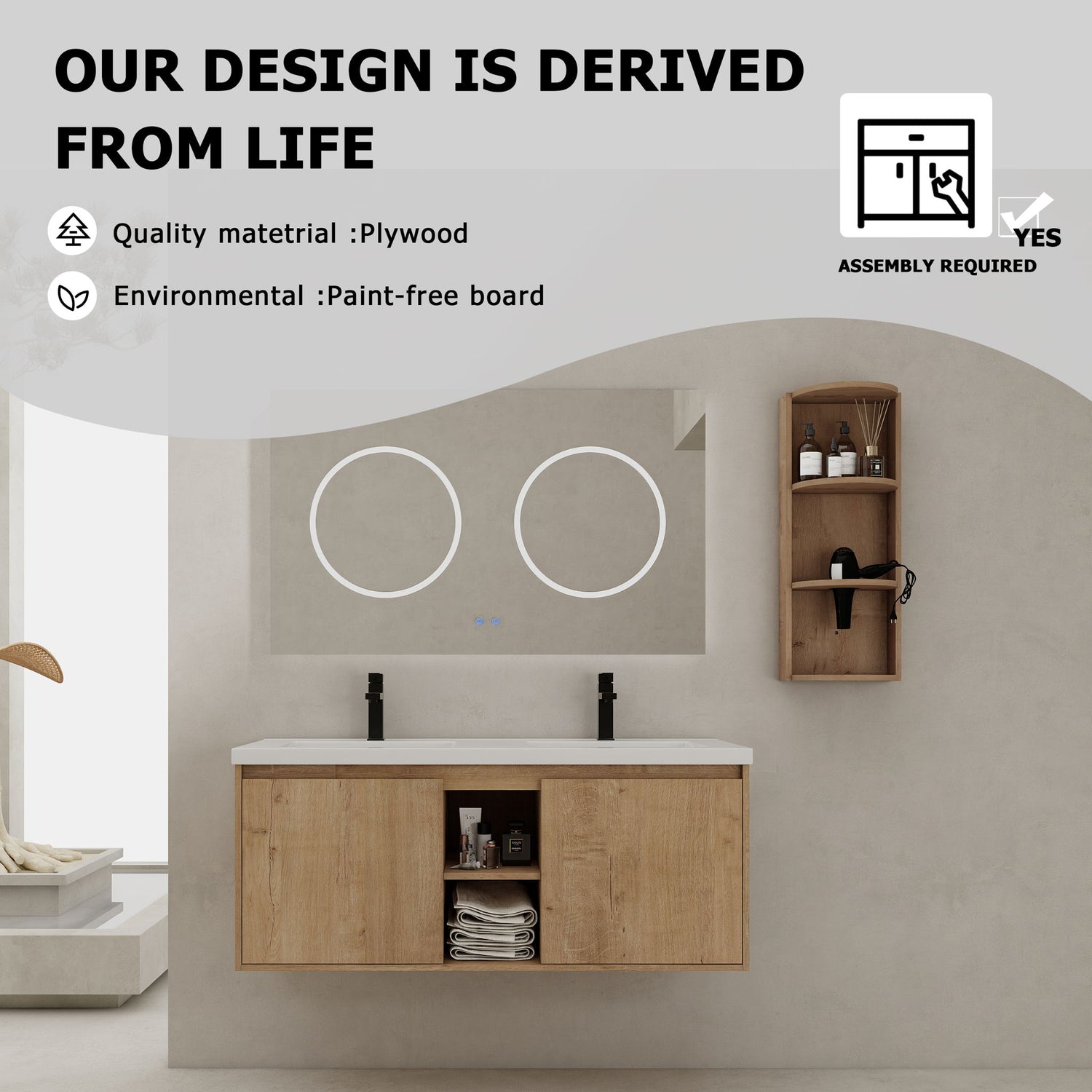 48&quot; Wall Mounted Bathroom Vanity With Double Resin Sink And Storage Rack Soft Close Doors Plywood Construction - Imitative Oak