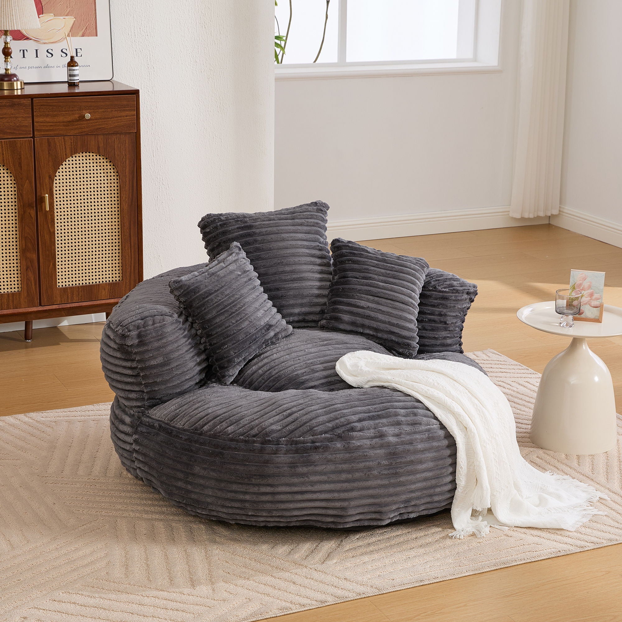 Oversized Bean Bag Chair With 3 Pillows &amp; Armrest - Dark Gray