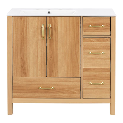 36&quot; Bathroom Vanity, 2 Soft Close Doors, 4 Soft Close Drawers, Adjustable Shelf, Storage Cabinet - Acacia Wood