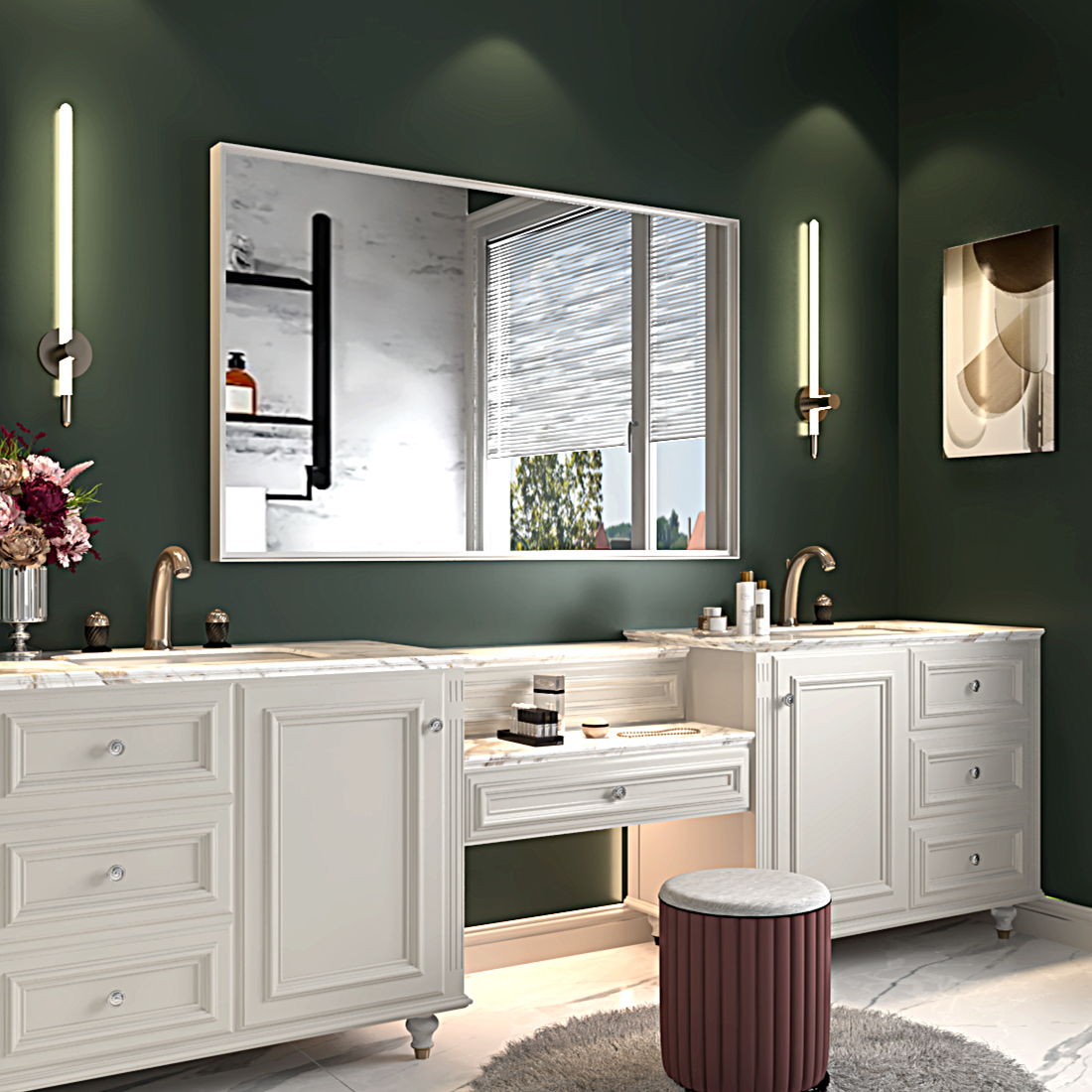 Rectangular Wall-Mounted Beveled Bathroom Mirror, Square Angle Metal Frame Wall Mounted Bathroom Mirrors For Wall (Horizontal &amp; Vertical) - Glossy White