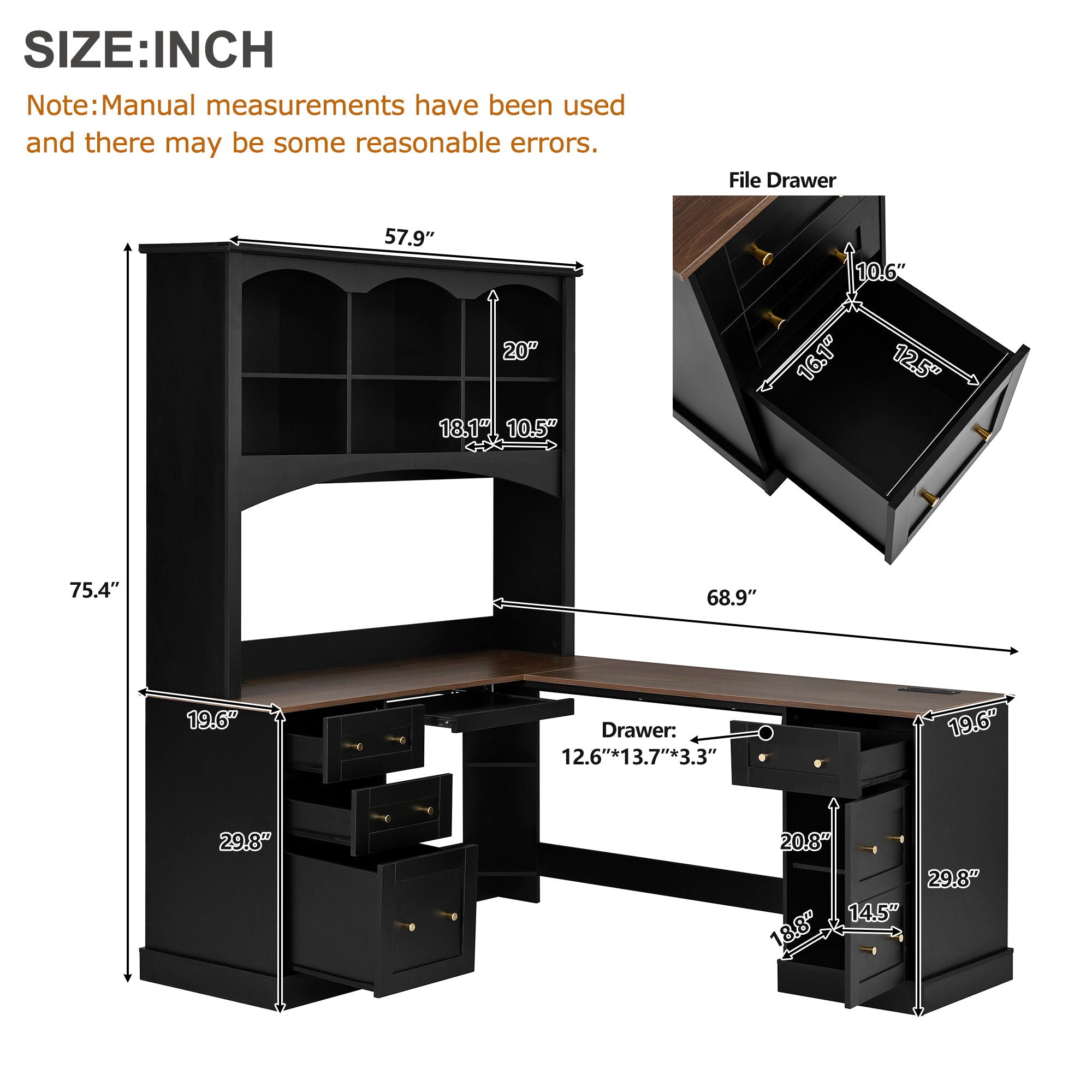 Space Saving L-Shaped Computer Desk With Keyboard Tray &amp; Charging Stations
