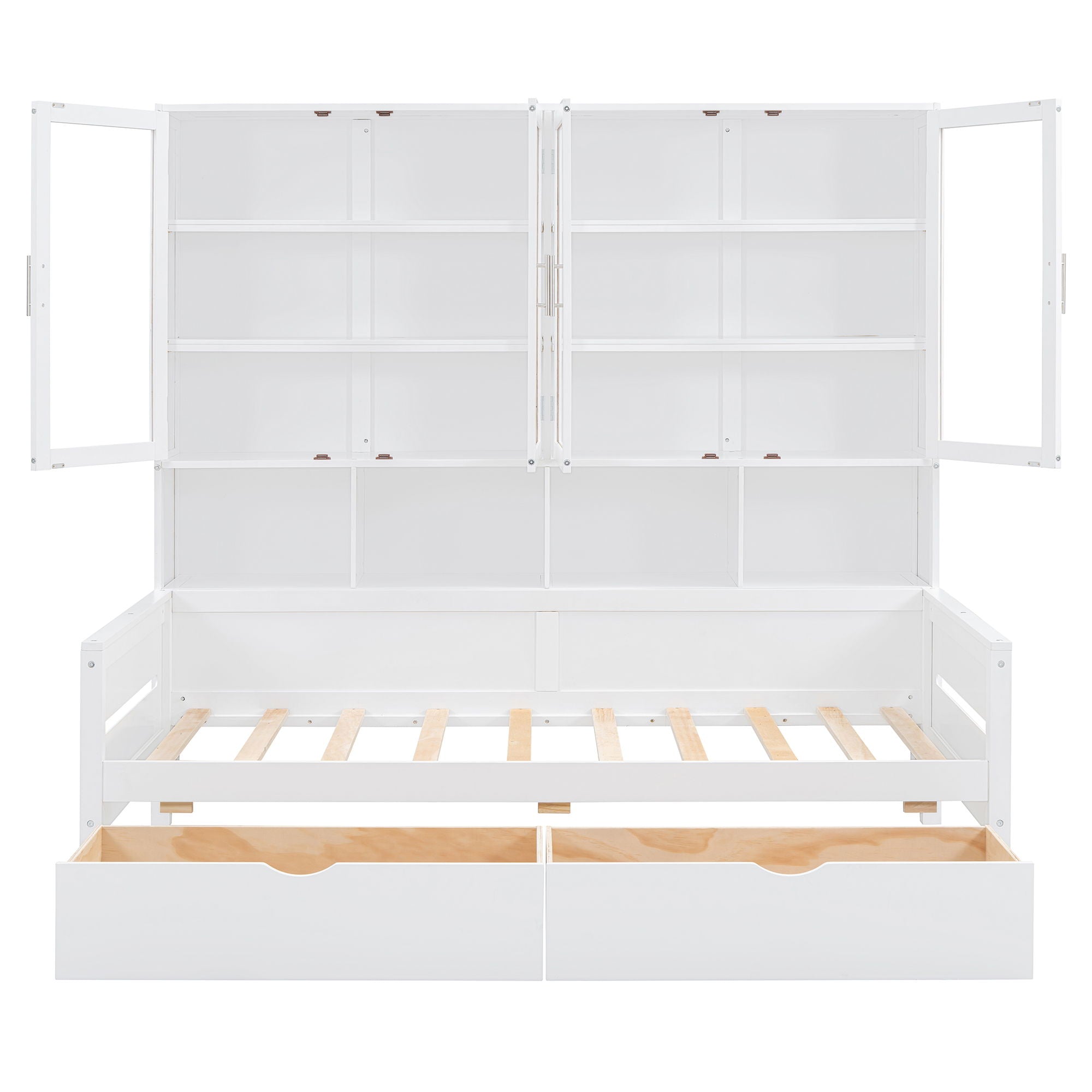 Daybed With Glass Door Storage Cabinets, Built In LED Lighting And Shelves