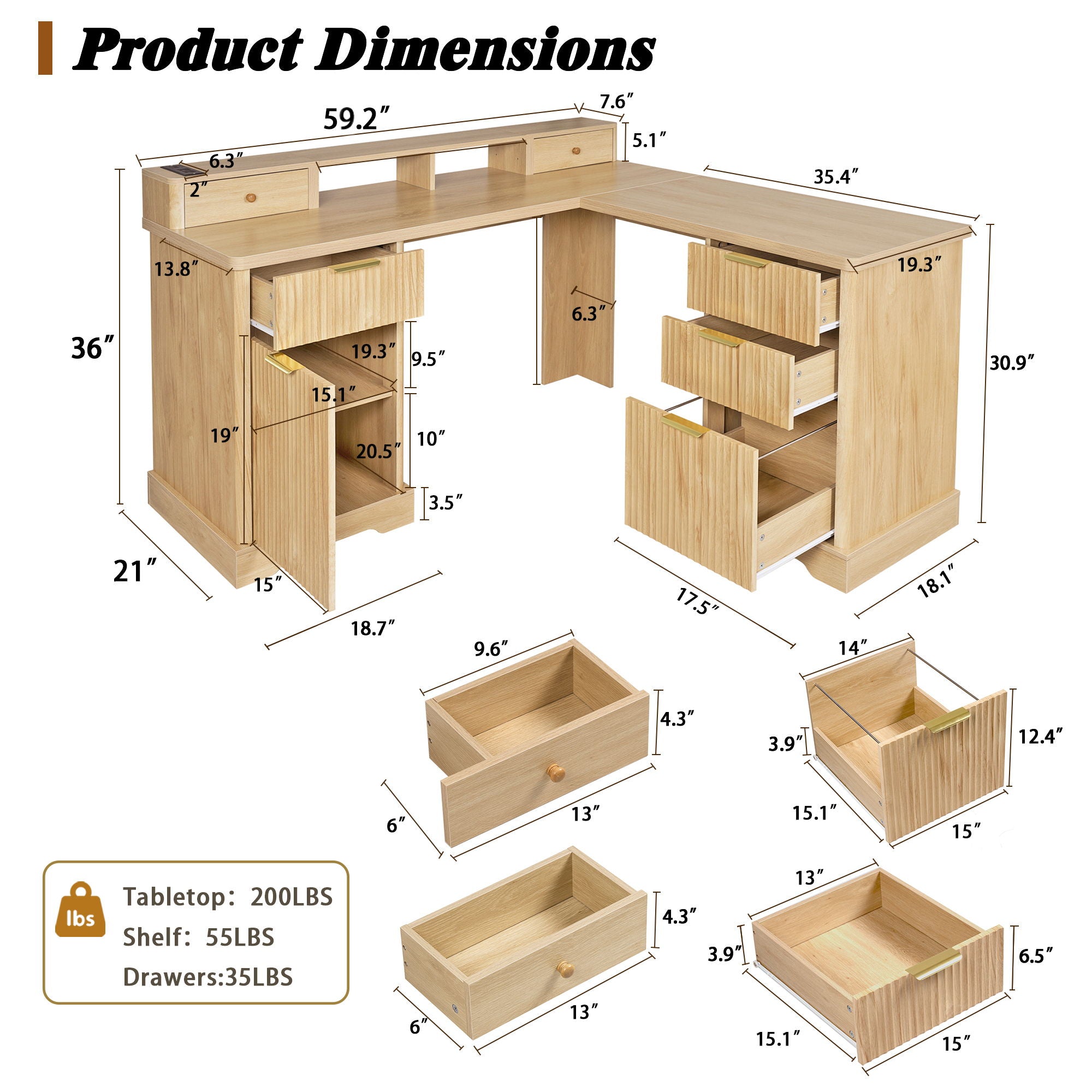 Fluted L-Shaped Desk With Charging Station &amp; Storage Cabinet