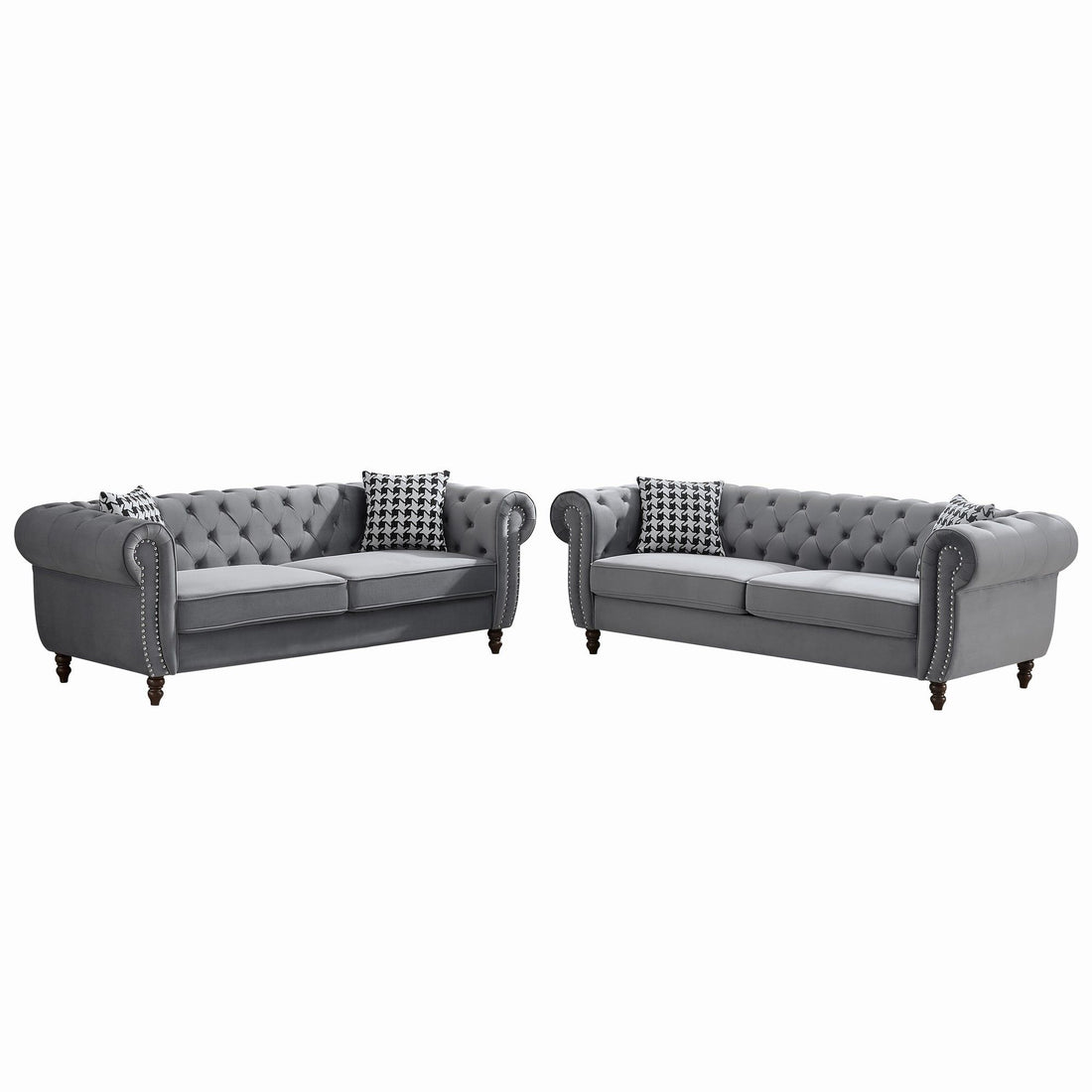 Chesterfield Velvet Upholstery Fabric Sofa With Roll Armrest &amp; Nailhead, Mid Century Modern 3 And 3 Seater Couch