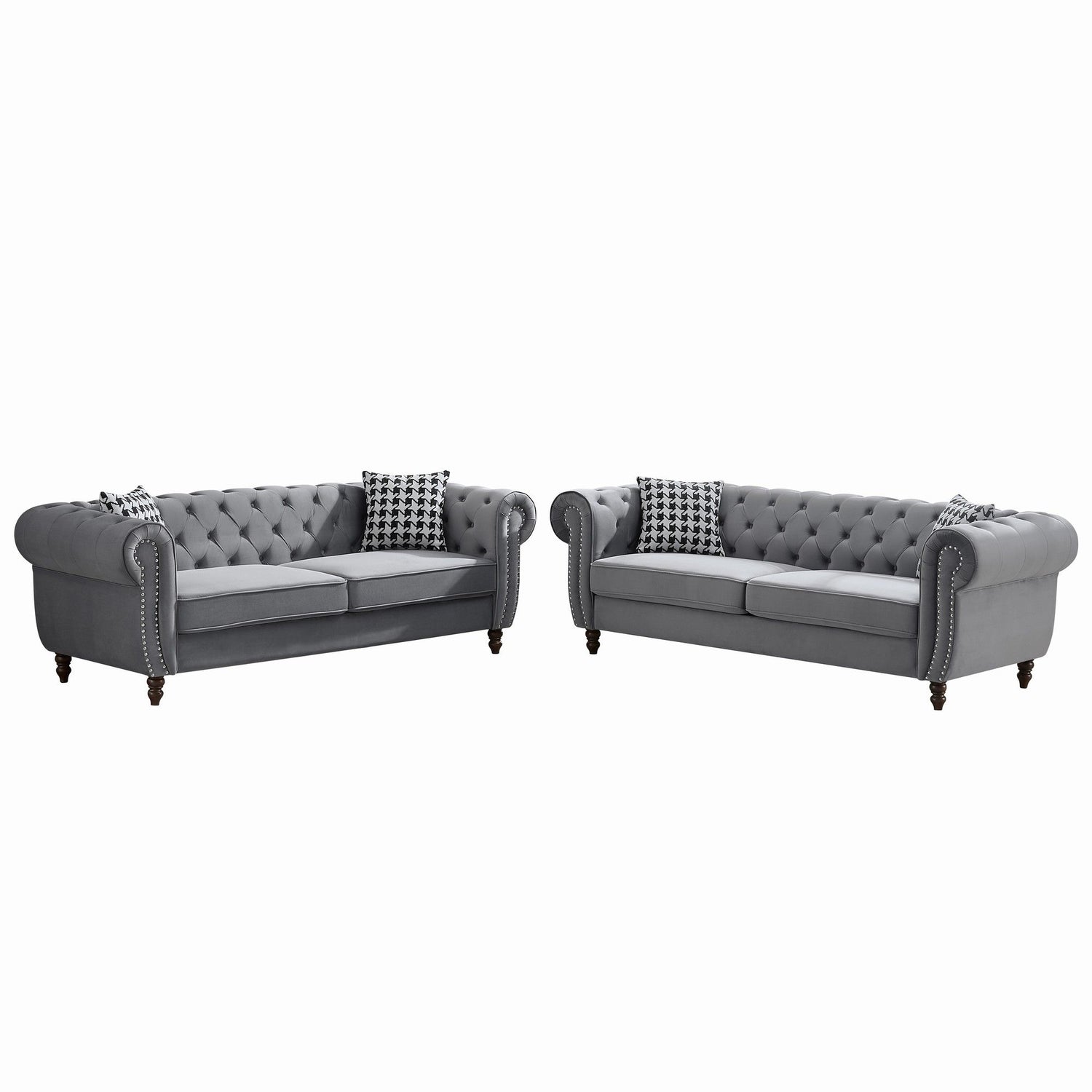 Chesterfield Velvet Upholstery Fabric Sofa With Roll Armrest &amp; Nailhead, Mid Century Modern 3 And 3 Seater Couch