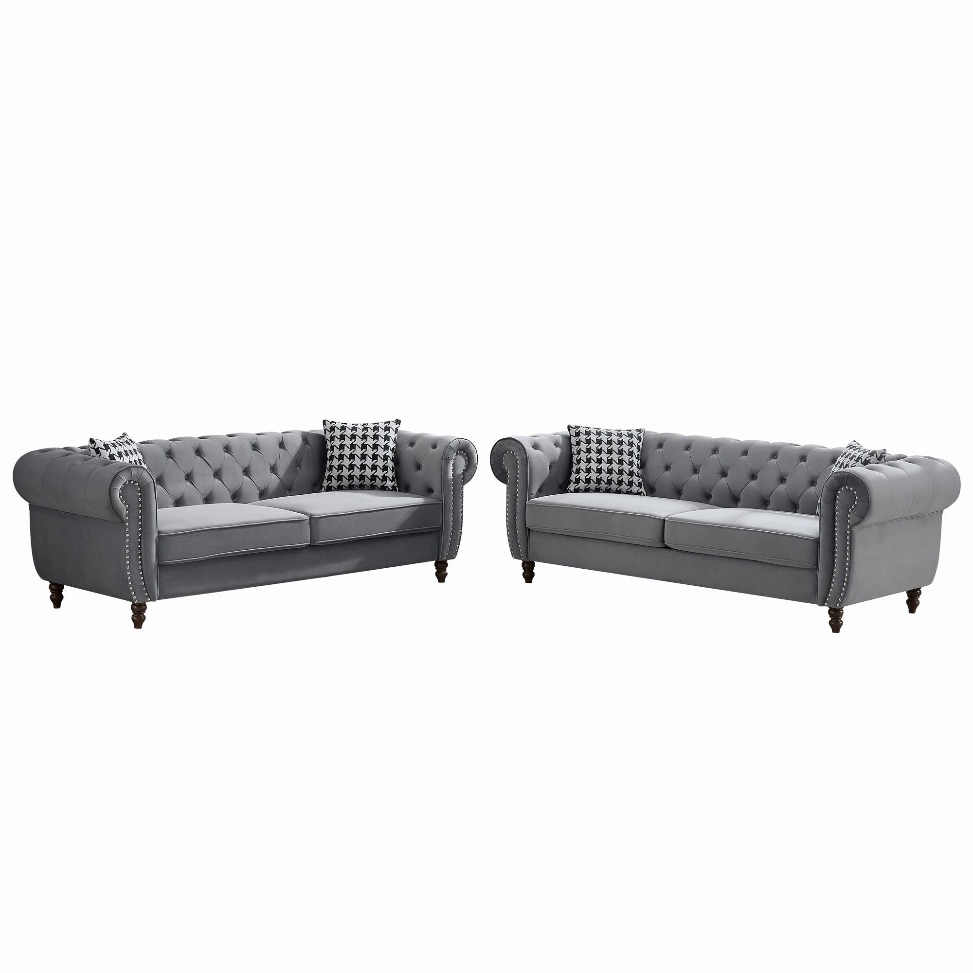 Chesterfield Velvet Upholstery Fabric Sofa With Roll Armrest &amp; Nailhead, Mid Century Modern 3 And 3 Seater Couch