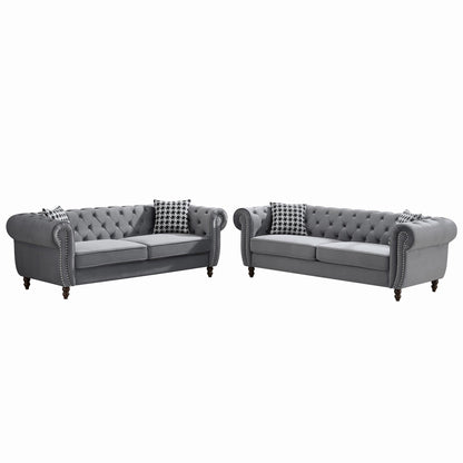 Chesterfield Velvet Upholstery Fabric Sofa With Roll Armrest &amp; Nailhead, Mid Century Modern 3 And 3 Seater Couch