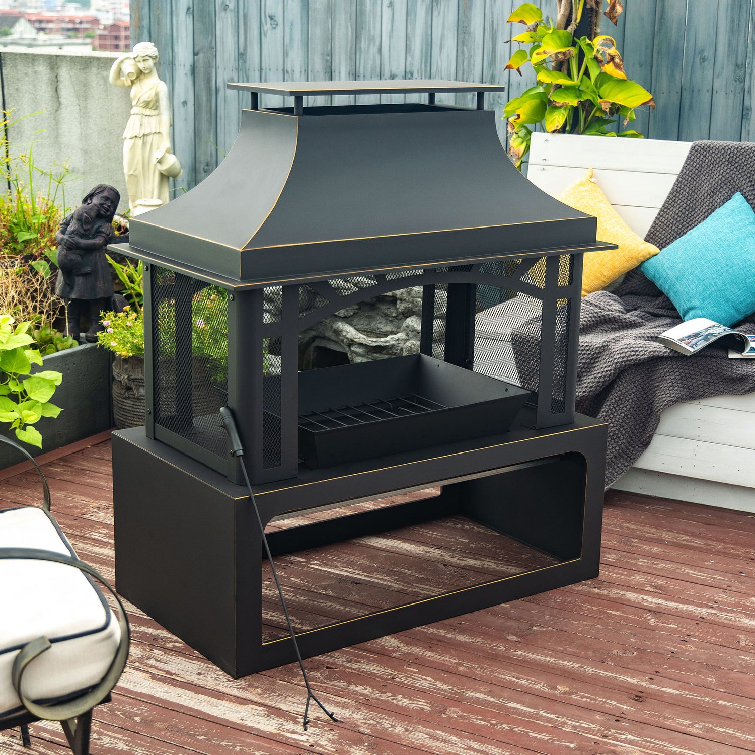 40&quot; Wood Burning Fireplace, 50000 Btu Steel Fire Pit, Wood Burning Chimney For Outside Patio Deck Garden Backyard - Black
