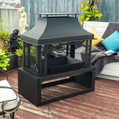 40&quot; Wood Burning Fireplace, 50000 Btu Steel Fire Pit, Wood Burning Chimney For Outside Patio Deck Garden Backyard - Black
