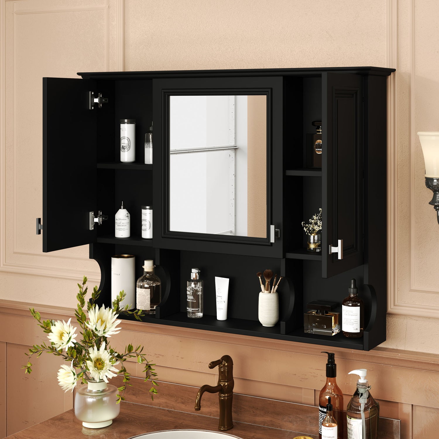 Wall Mounted Bathroom Medicine Wall Cabinet With Mirror &amp; Open Shelves