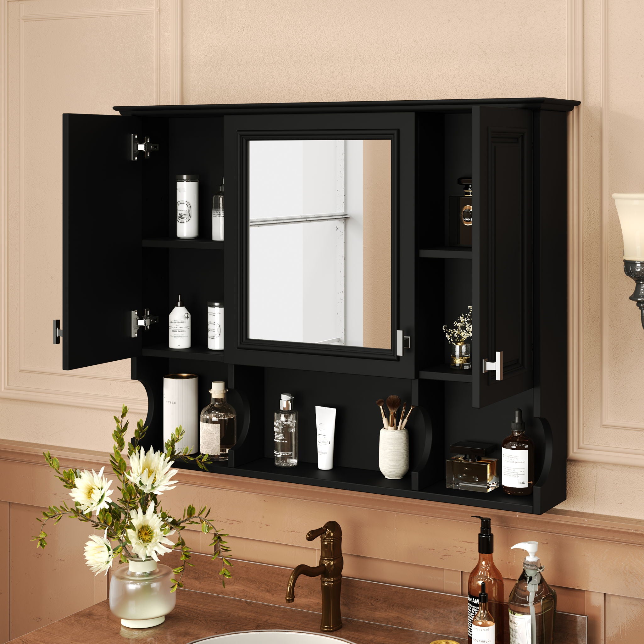 Wall Mounted Bathroom Medicine Wall Cabinet With Mirror &amp; Open Shelves