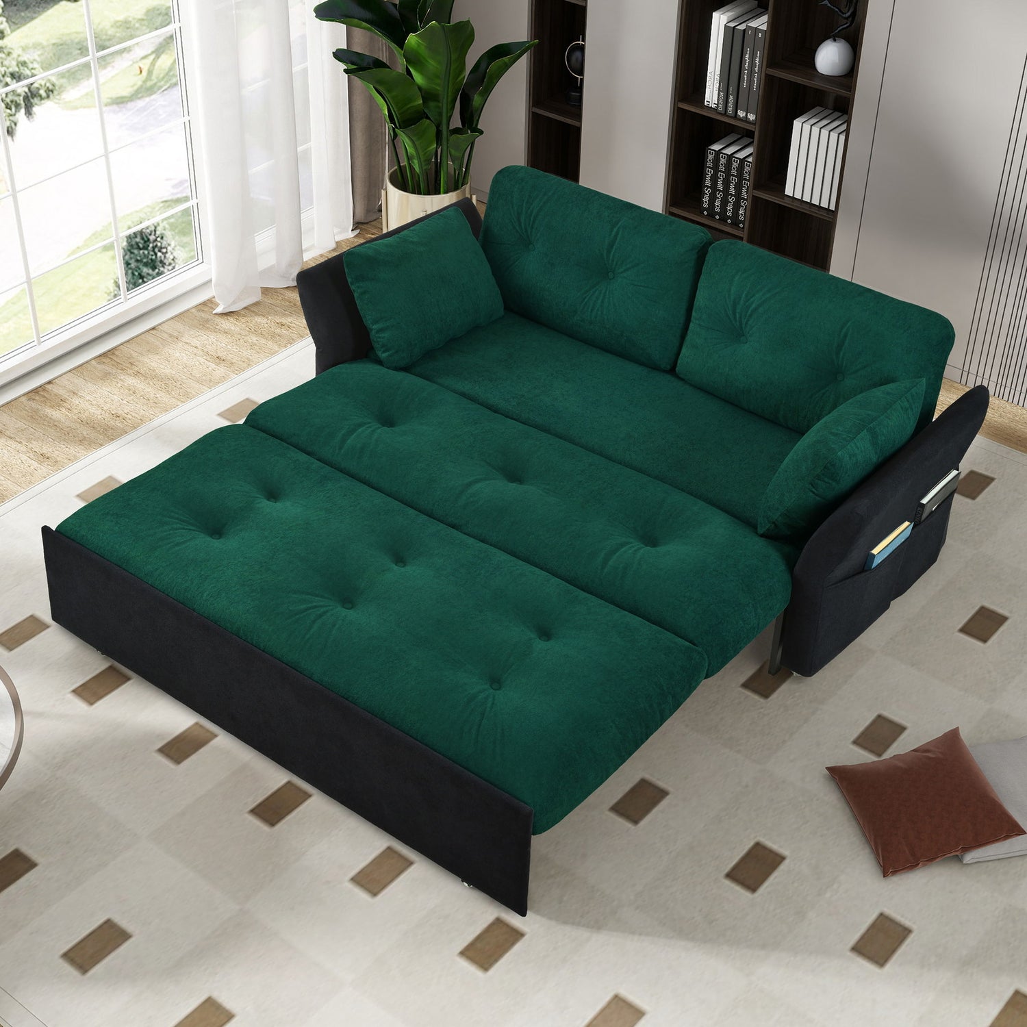 Modern Convertible Sleeper Sofa Bed With Pull-Out Queen Design, Side Storage &amp; Thick Cushions