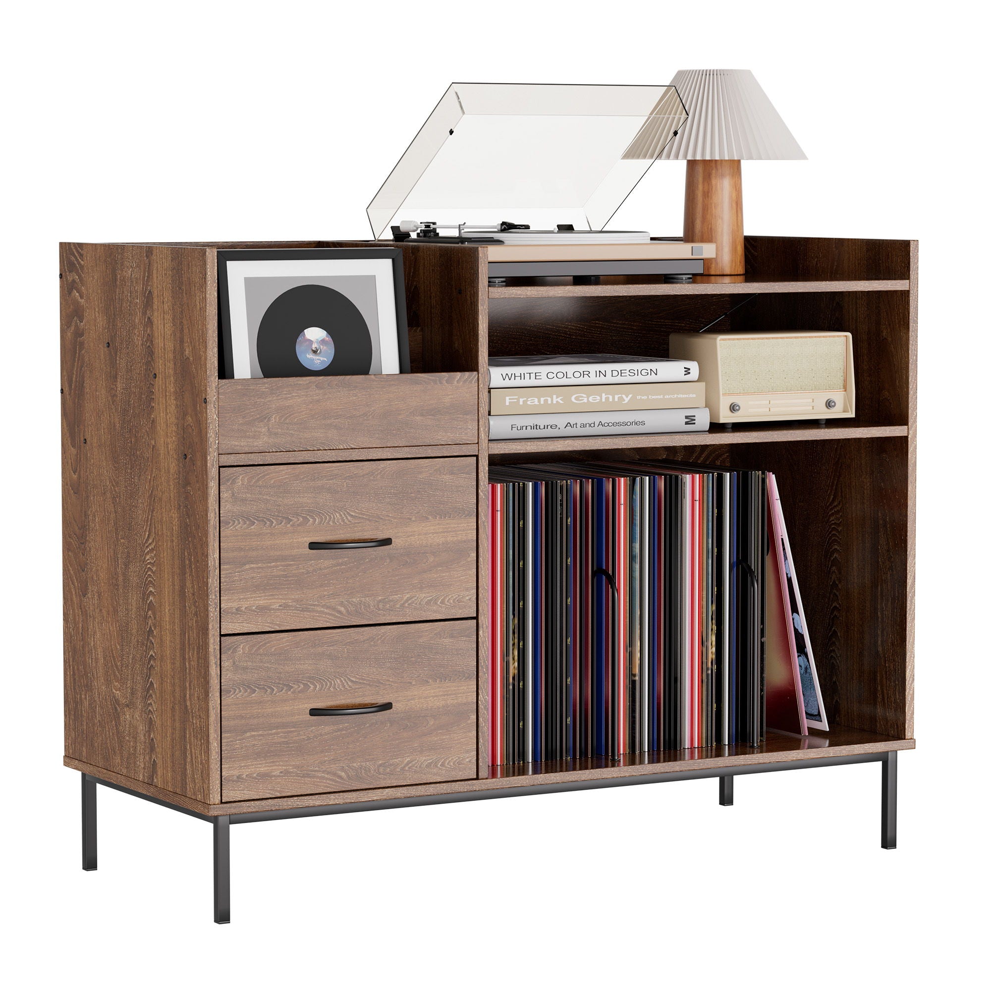 Grain Record Player Stand, Media Console With Speaker Shelf &amp; 2 Drawers