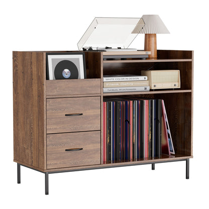 Grain Record Player Stand, Media Console With Speaker Shelf &amp; 2 Drawers