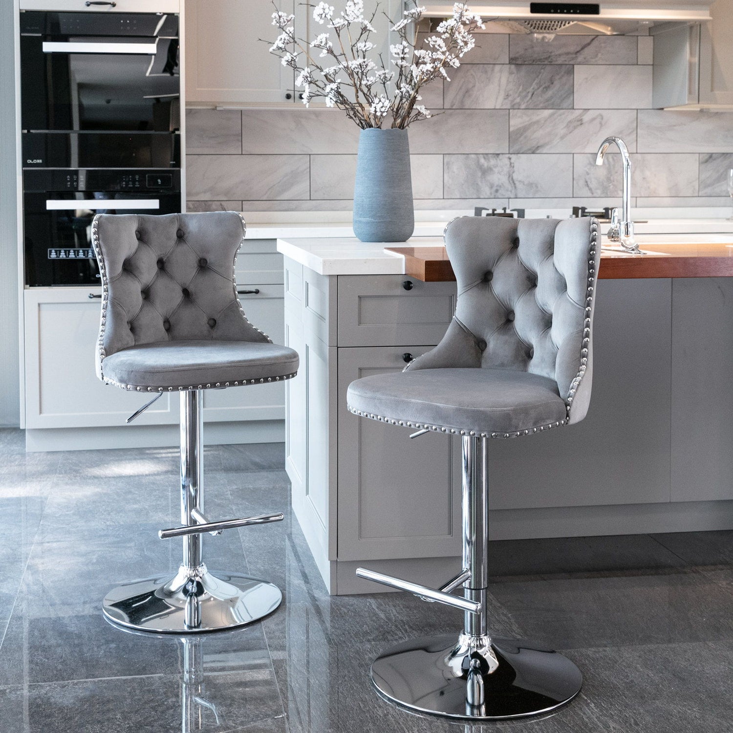 Swivel Velvet Barstools Adjusatble Seat Height From 25-33&quot;, Modern Upholstered Chrome Base Bar Stools With Backs Comfortable Tufted For Home Pub And Kitchen Island (Set of 2)
