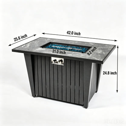 Morden Steel Fire Pit Table With Marble Tile Tabletop, Glass Wind Guard And Lid