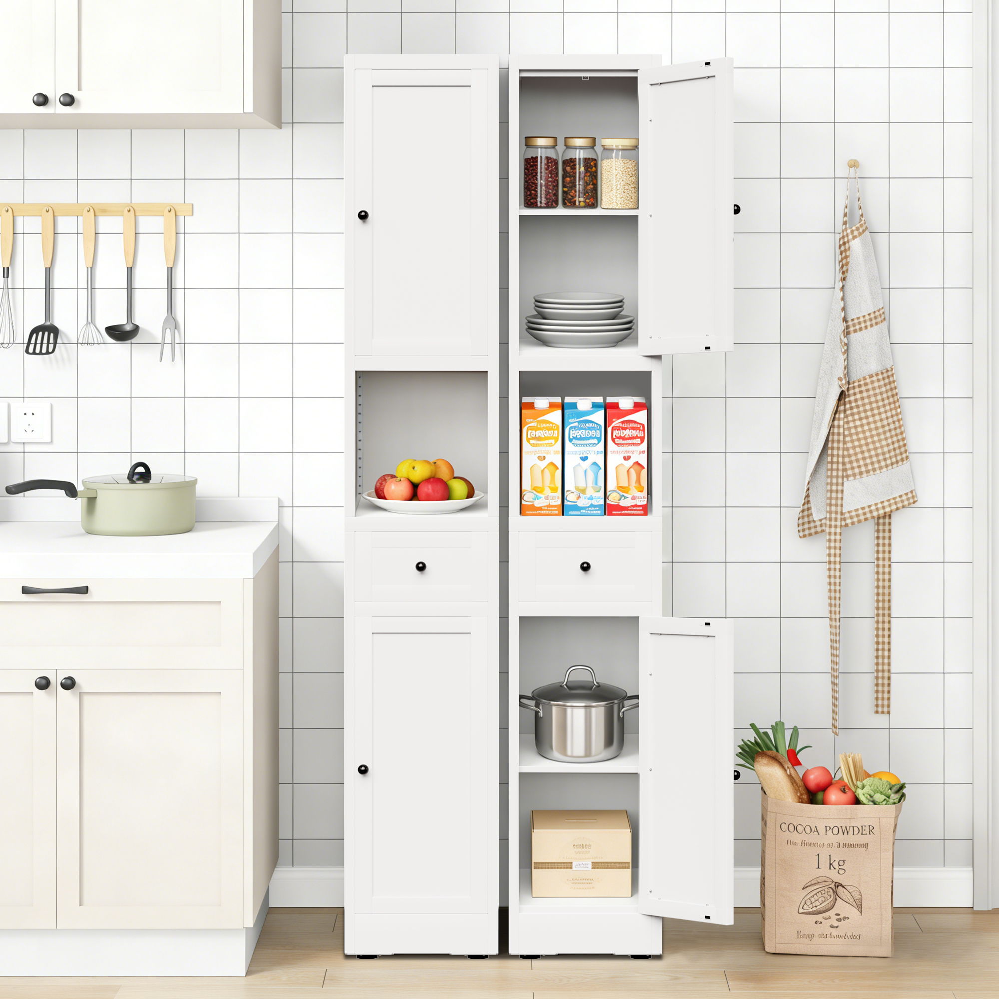 Tall Bathroom Storage Cabinet, 5-Tier Narrow With 2 Doors &amp; Adjustable Shelves, Freestanding - White