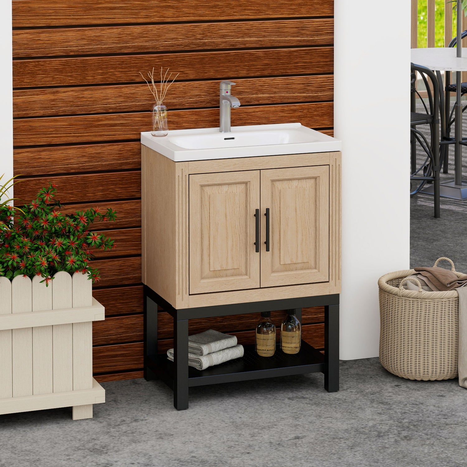 Modern Freestanding Bathroom Vanity With Ceramic Sink, Hot And Cold Faucet, Storage Cabinet &amp; Open Shelf