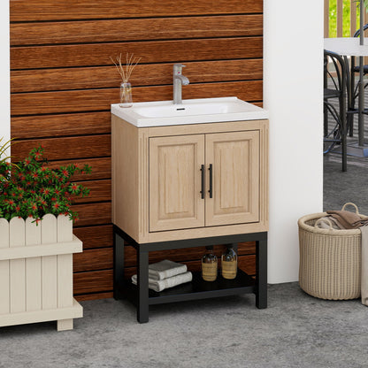 Modern Freestanding Bathroom Vanity With Ceramic Sink, Hot And Cold Faucet, Storage Cabinet &amp; Open Shelf